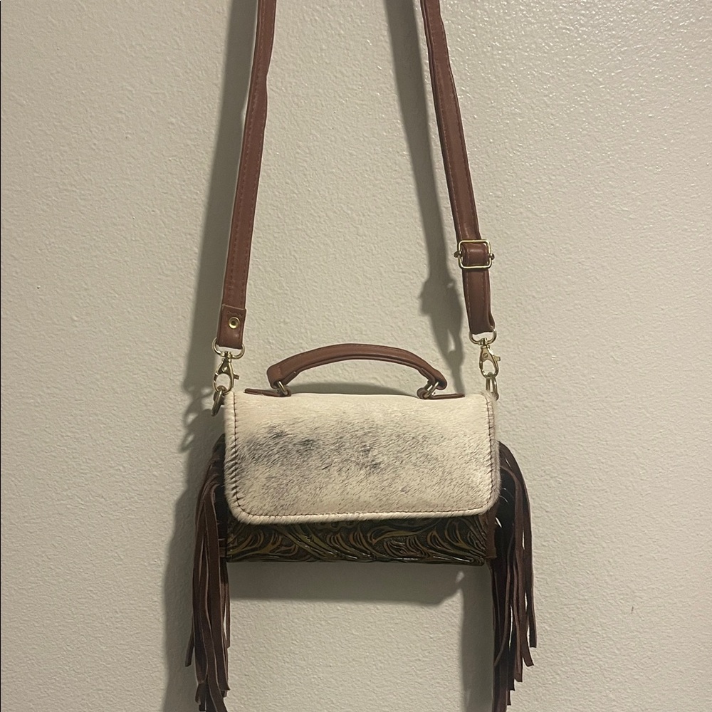 Brown and Cream Fringe Crossbody Bag
